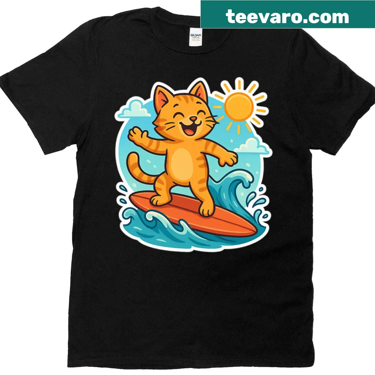 T-shirt featuring a surfing cat in a beach setting — on a men's t-shirt