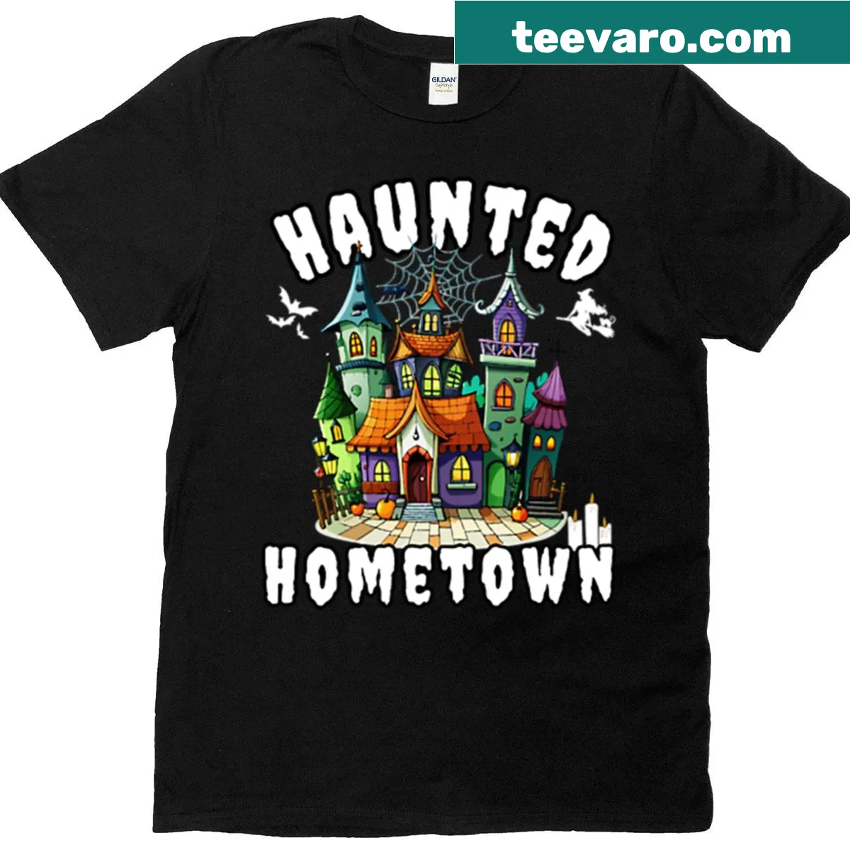 Vintage-style haunted hometown graphic on a Halloween T-shirt — on a men's t-shirt