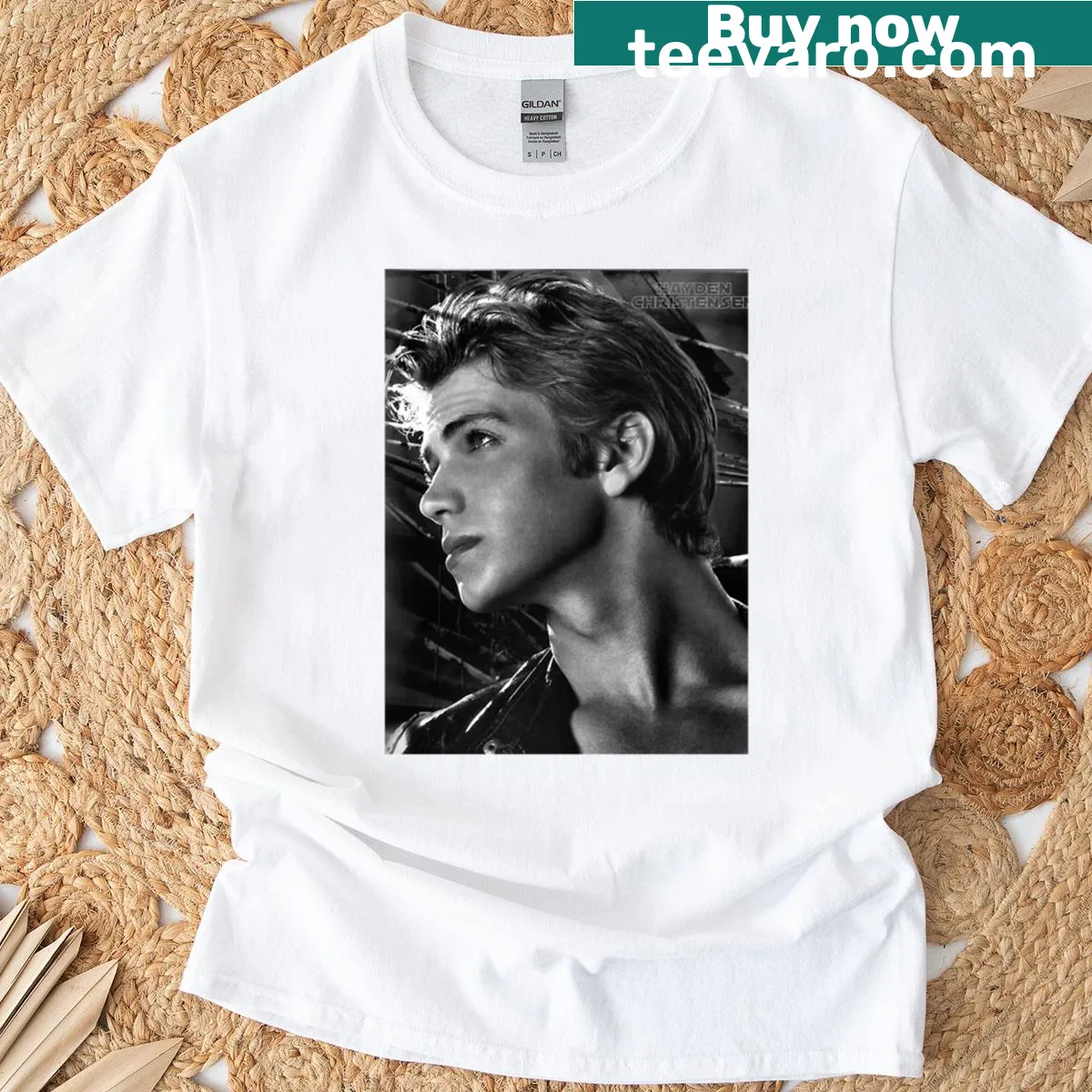 Black and white graphic Hayden Christensen T-shirt — on a men's t-shirt