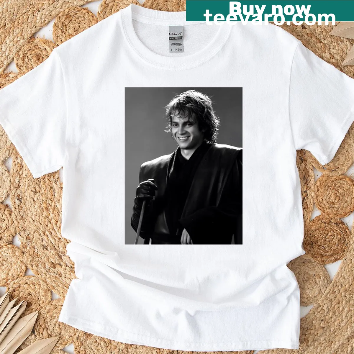 Illustrated Hayden Christensen in a dramatic pose on a t-shirt — on a men's t-shirt