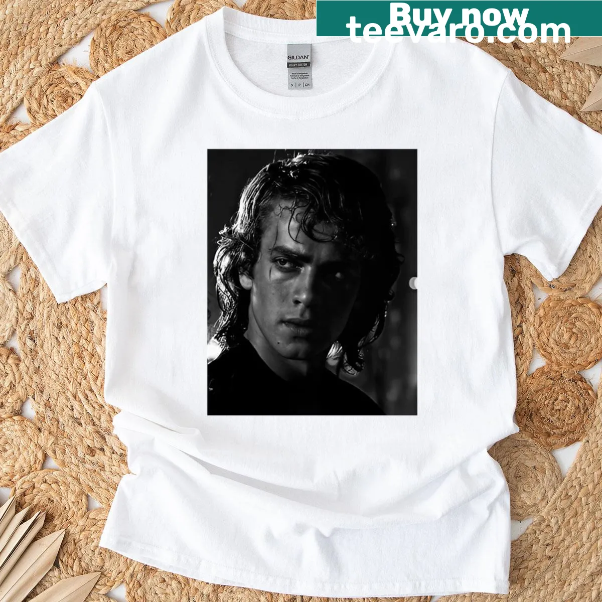 Stylized illustration of Hayden Christensen on a moody t-shirt — on a men's t-shirt