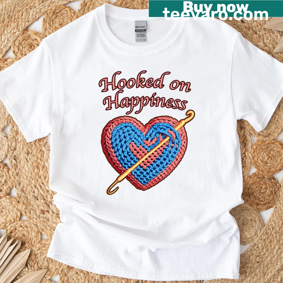 Playful crochet and yarn design promoting happiness — on a men's t-shirt
