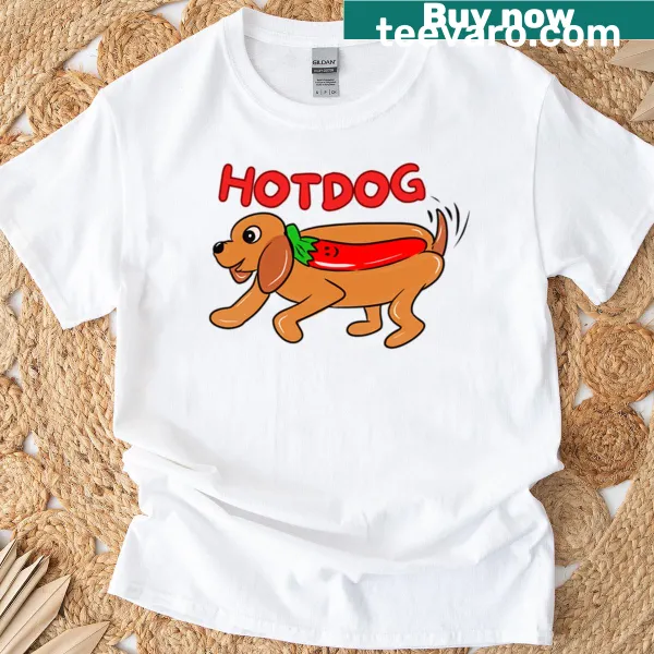Cartoon hotdog T-shirt featuring a fun design of a loaded hotdog