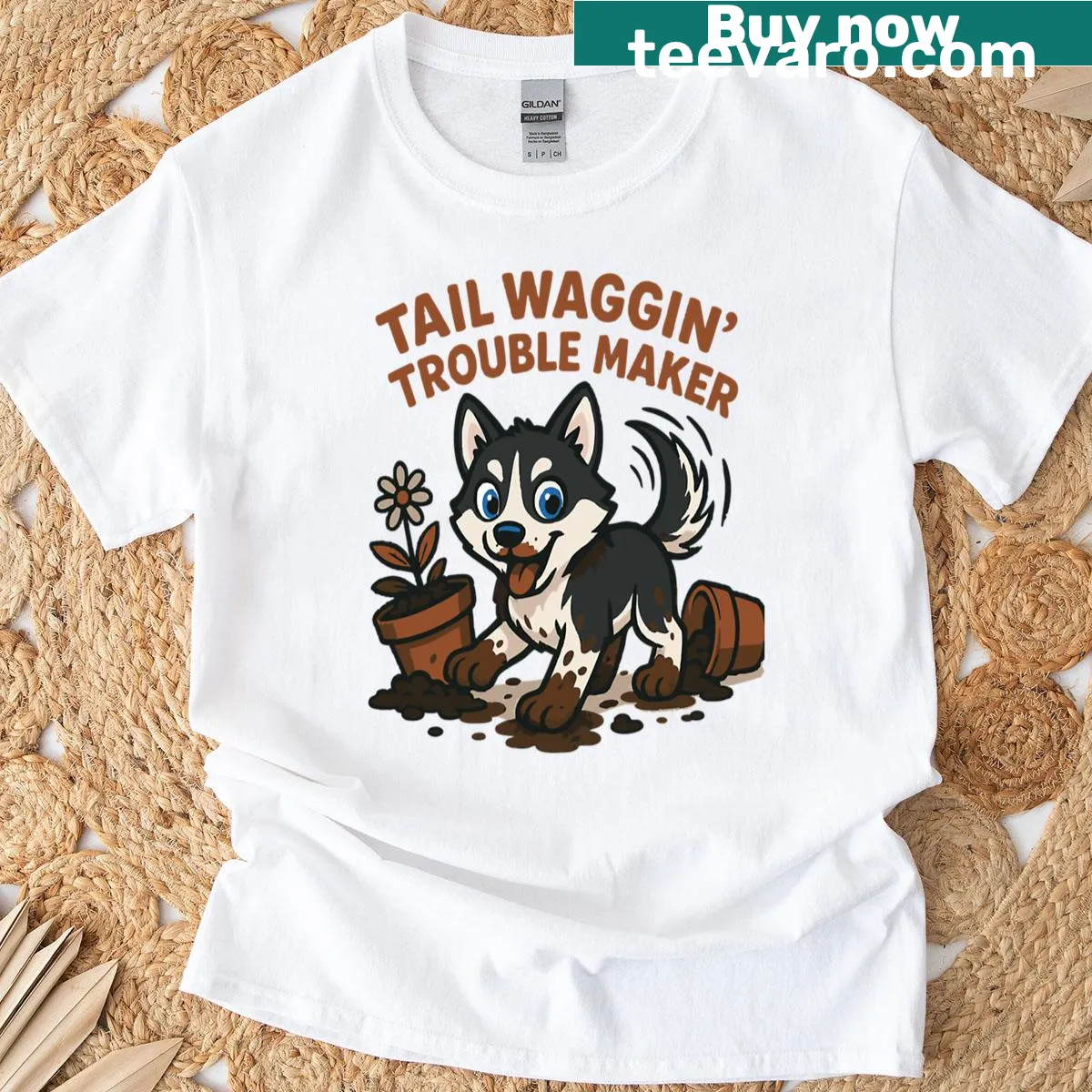 Illustration of a mischievous husky in a garden on a T-shirt. — on a men's t-shirt