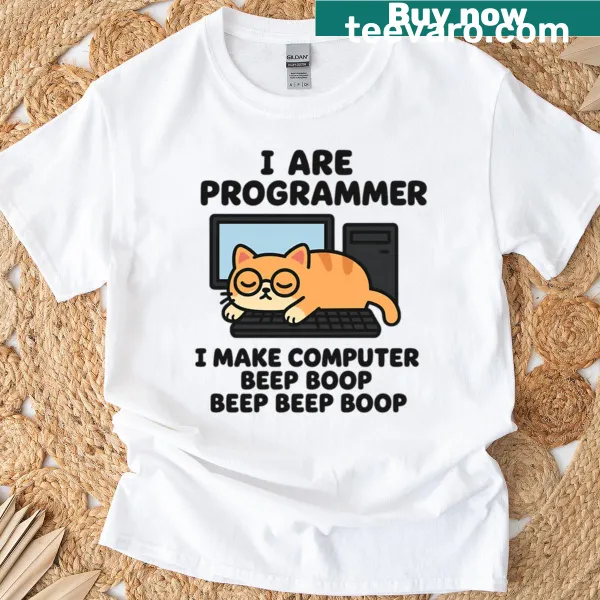 Funny design featuring a lazy cat and programmer phrase