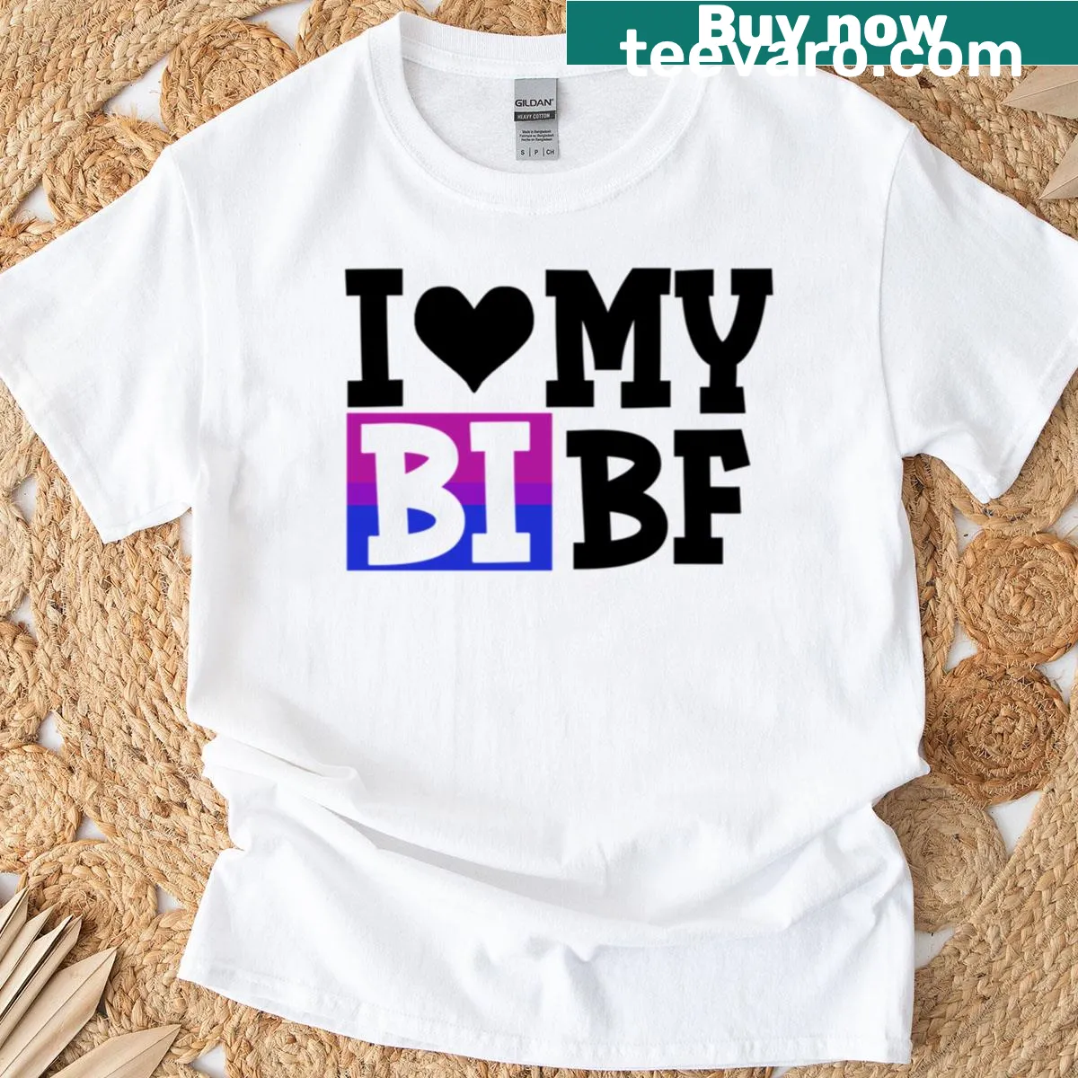 Oversized t-shirt with bold text expressing love for a bisexual boyfriend — on a men's t-shirt