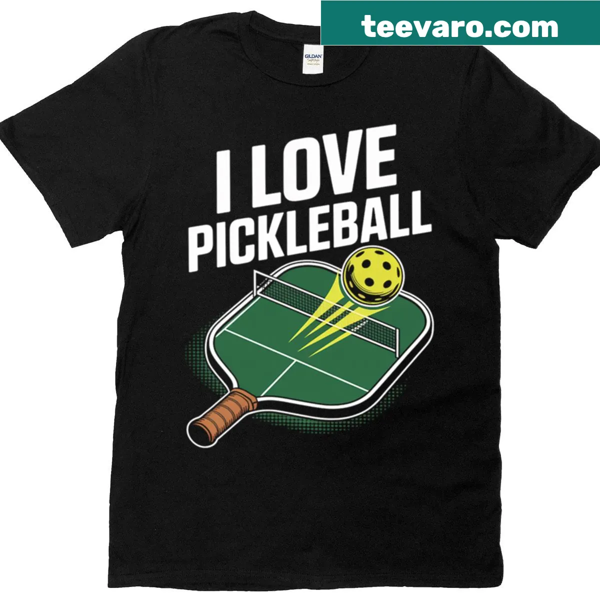 Pickleball-themed t-shirt with paddle and ball graphic. — on a men's t-shirt