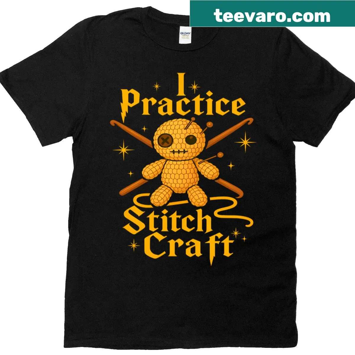 Funny yarn crafting t-shirt with voodoo doll design — on a men's t-shirt