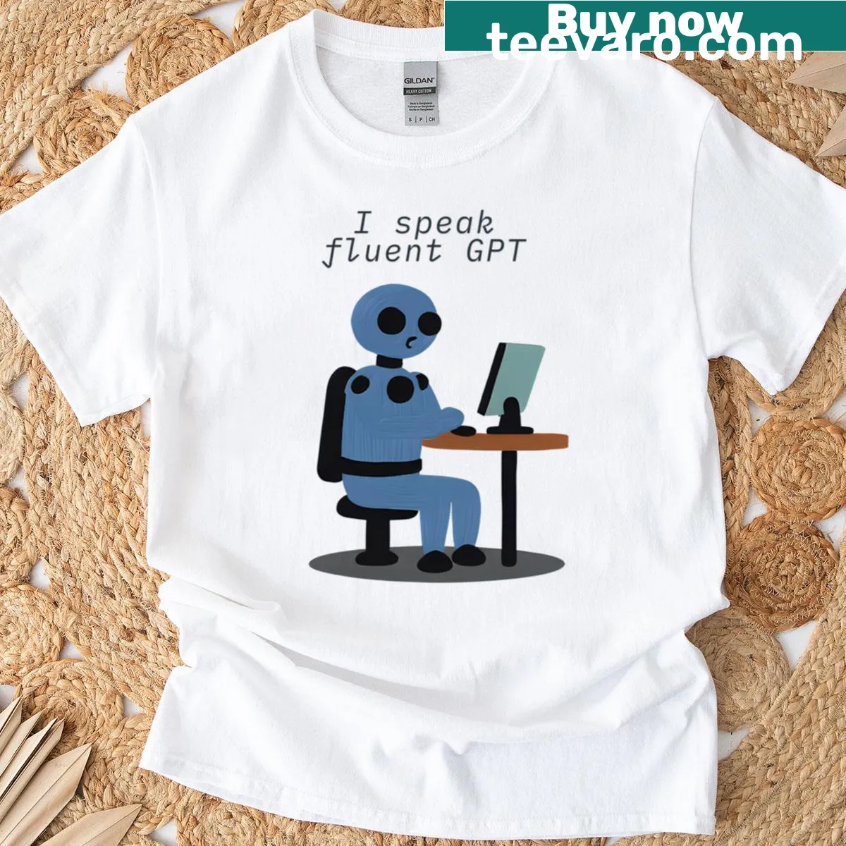 Playful oversized t-shirt stating fluency in GPT — on a men's t-shirt