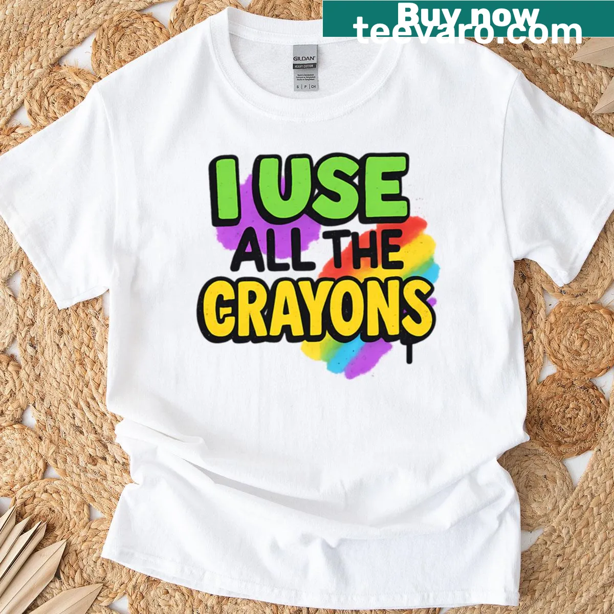 T-shirt featuring 'I Use All The Crayons' slogan — on a men's t-shirt