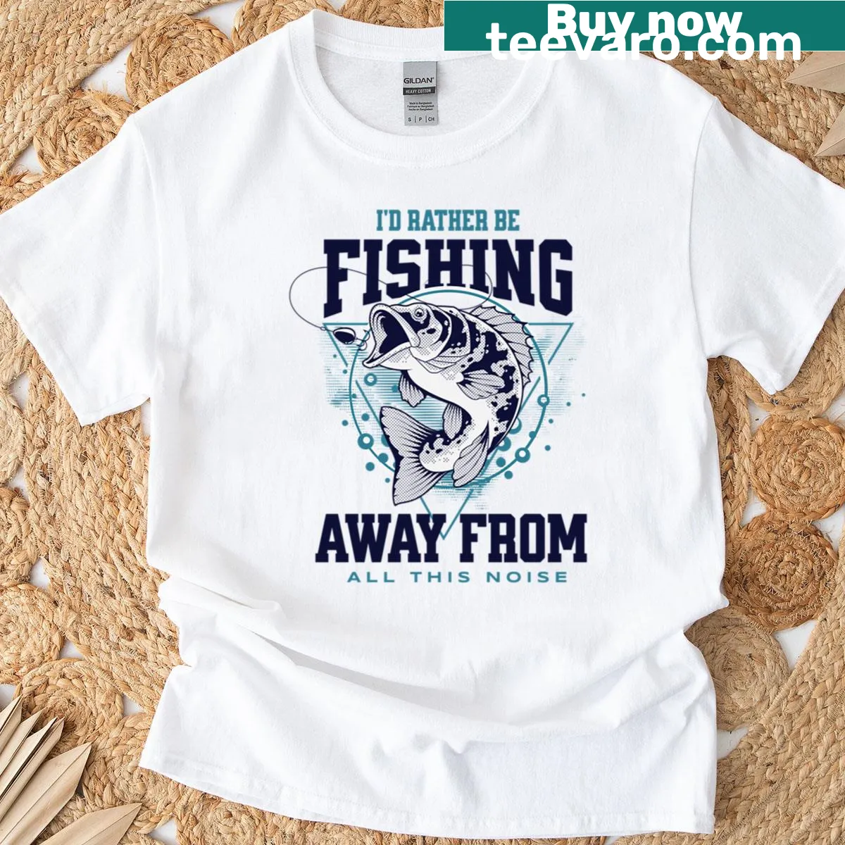 T-shirt expressing a desire to fish away from noise — on a men's t-shirt