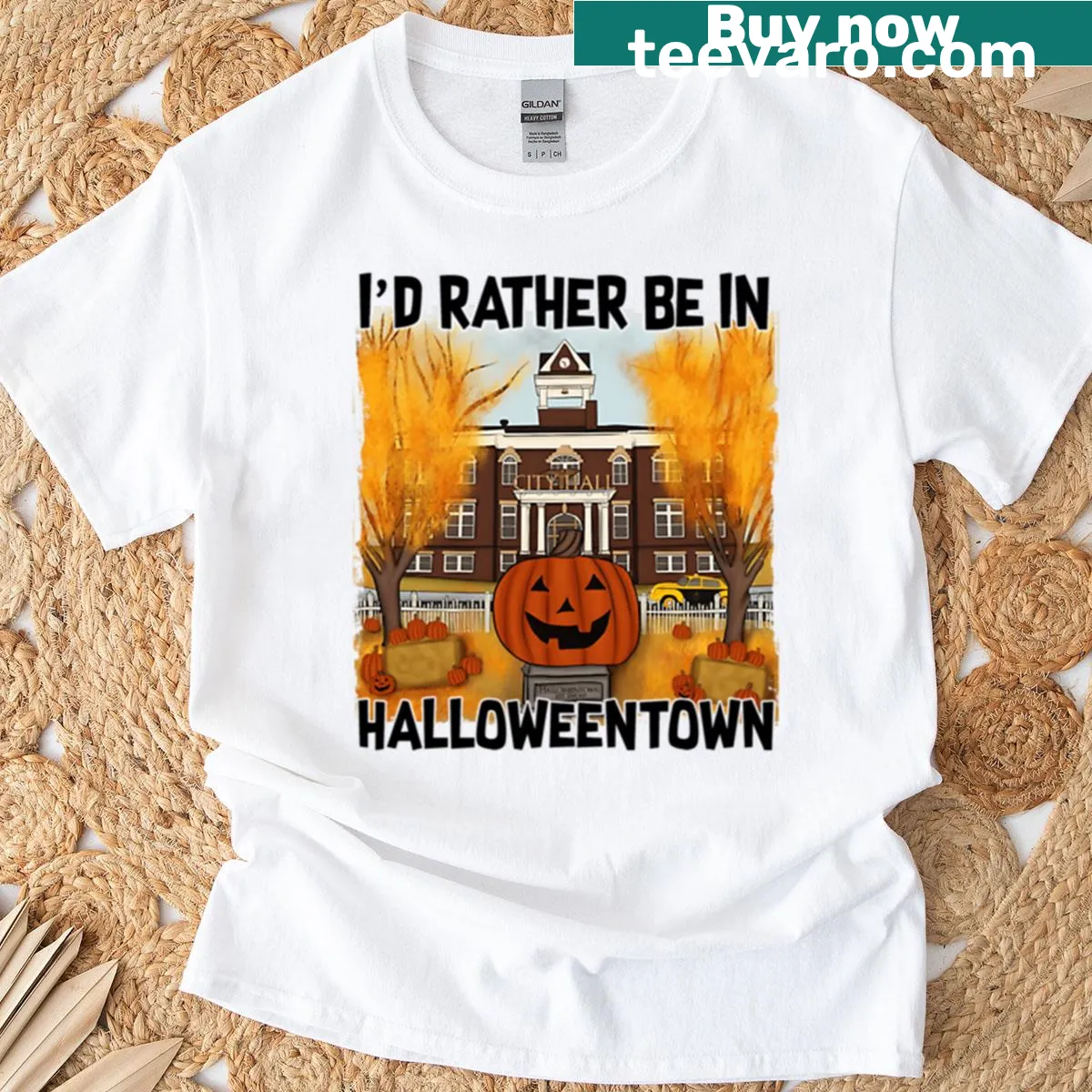Halloweentown themed t-shirt with text: I'd rather be in Halloweentown — on a men's t-shirt