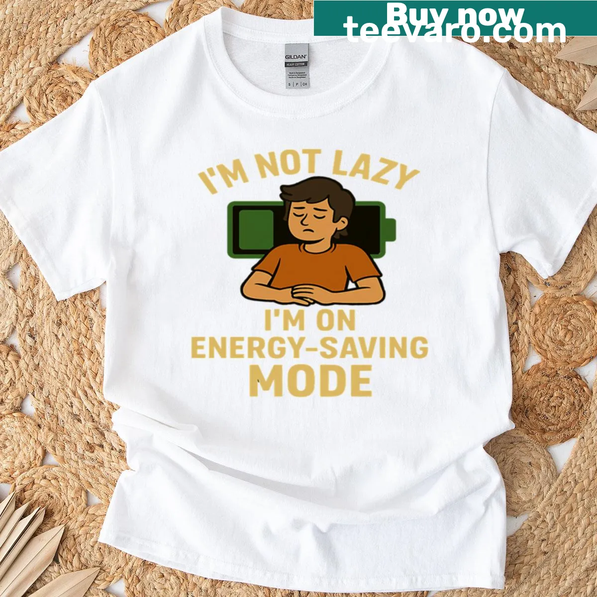 Funny energy-saving mode t-shirt for men — on a men's t-shirt