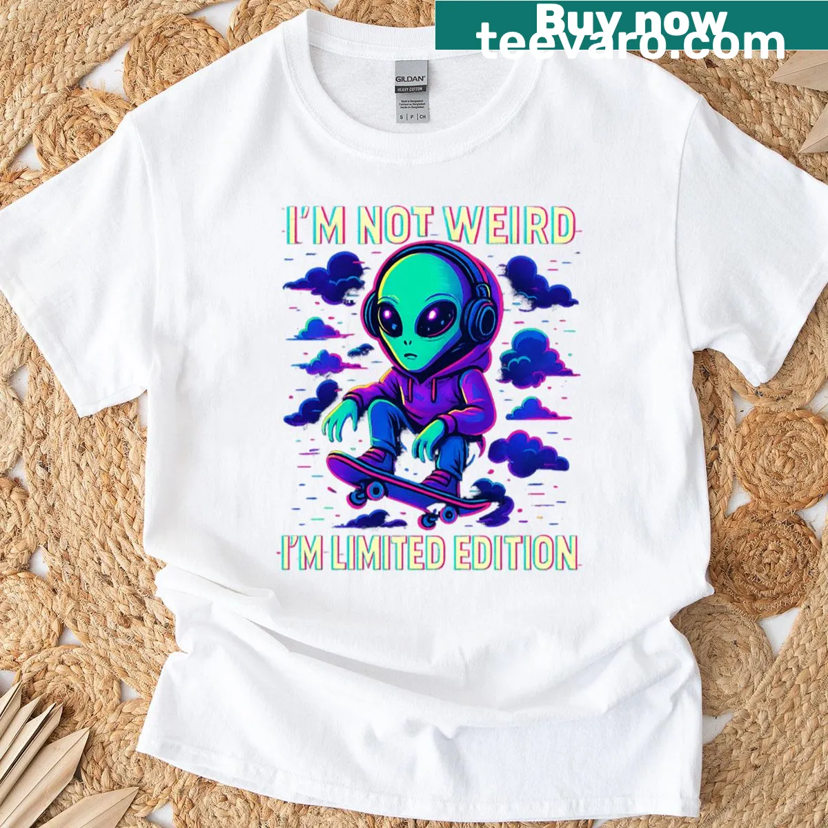 Humorous alien glitch design oversized t-shirt — on a men's t-shirt