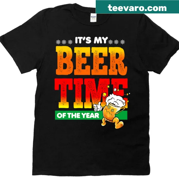 Funny holiday T-shirt featuring a cartoon beer mug
