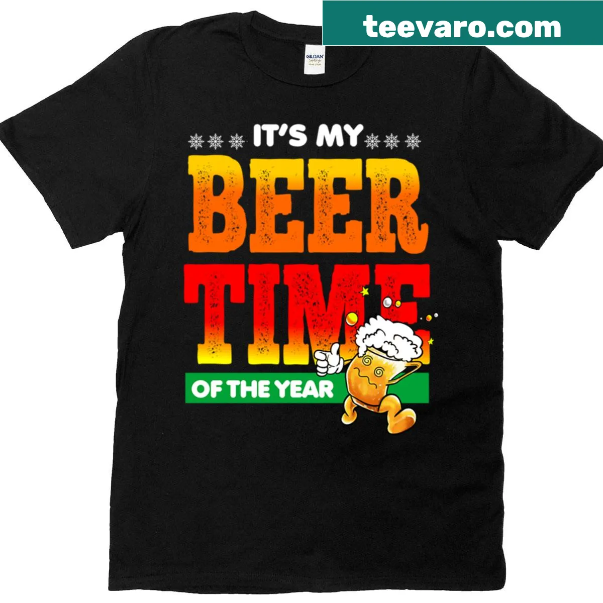 Funny holiday T-shirt featuring a cartoon beer mug — on a men's t-shirt
