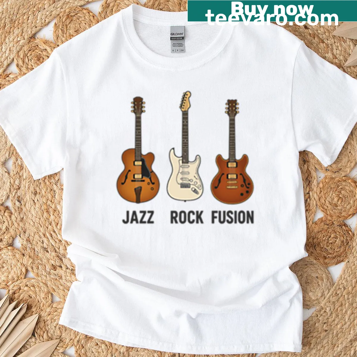 T-shirt featuring a guitar trio in jazz rock fusion style — on a men's t-shirt