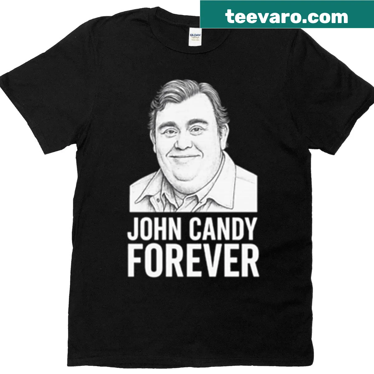 Tribute T-shirt featuring John Candy's name in a charming design — on a men's t-shirt