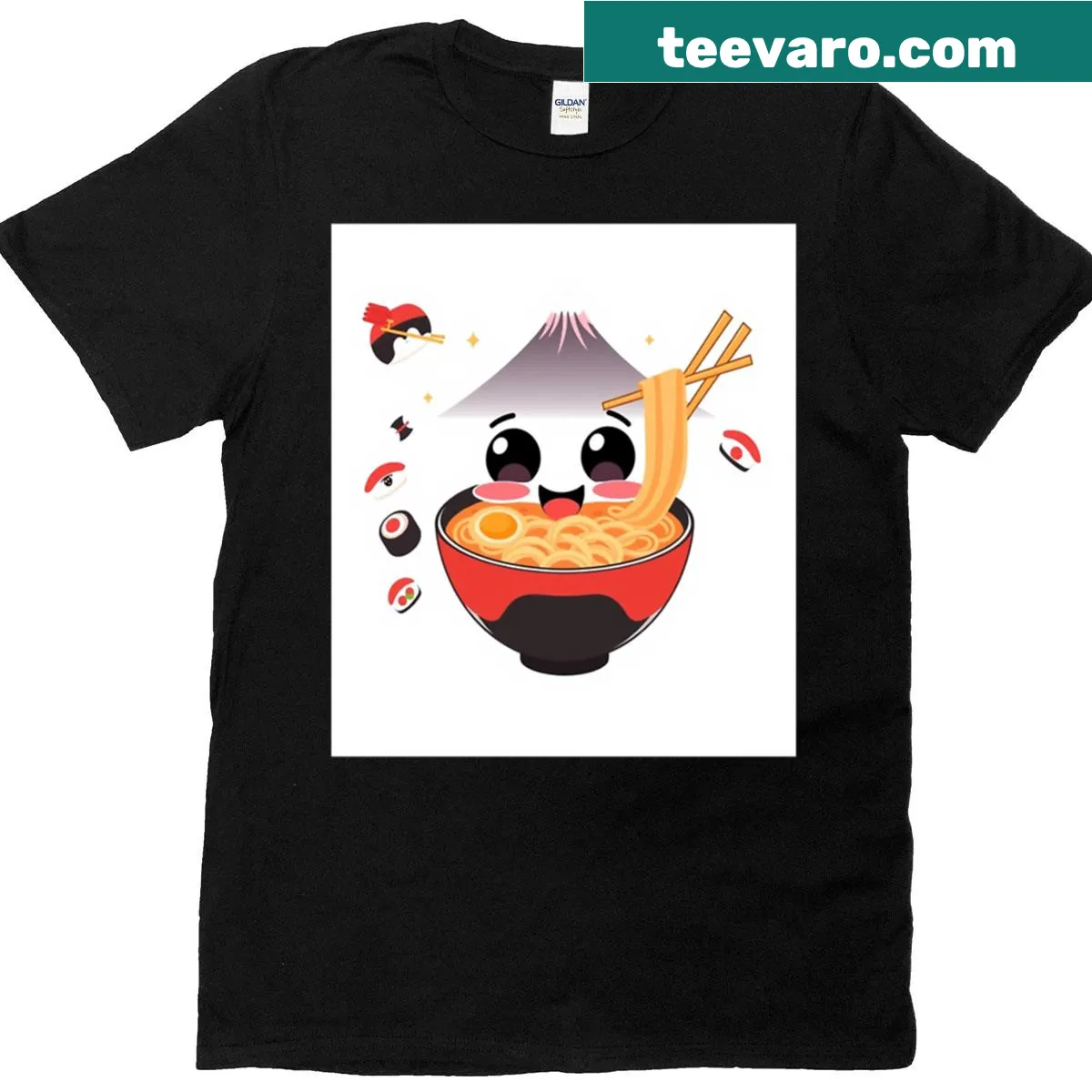 Kawaii cartoon T-shirt featuring a playful ramen bowl design — on a men's t-shirt