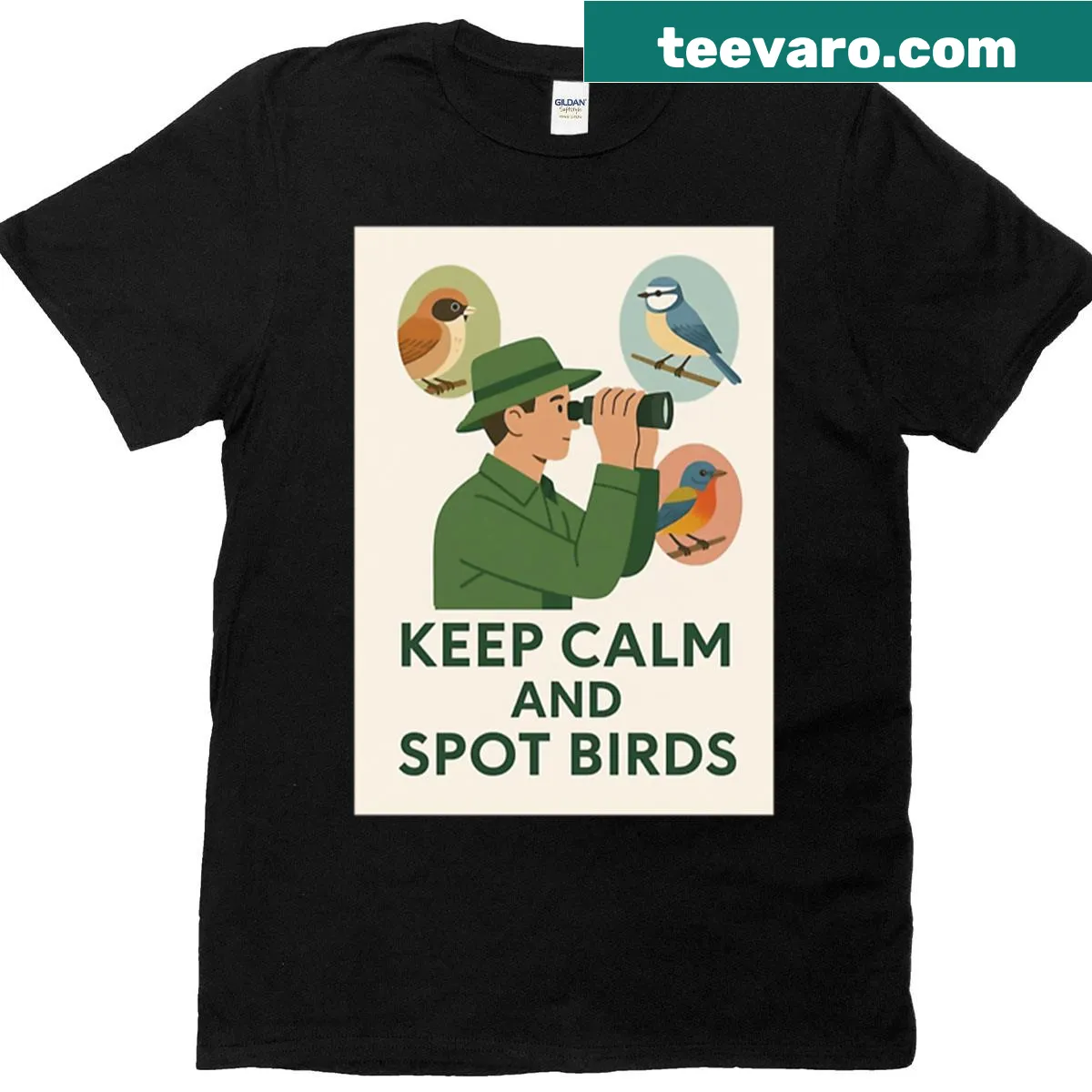Minimalist oversized T-shirt with 'Keep Calm And Spot Birds' for birding lovers — on a men's t-shirt