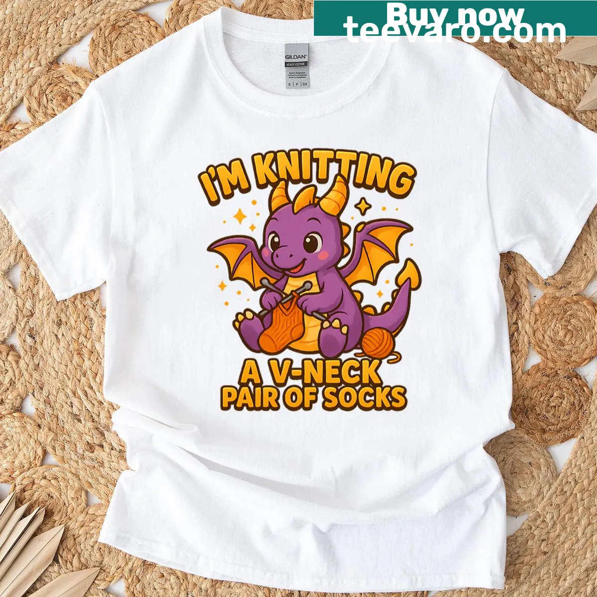 T-shirt with a dragon knitting socks illustration — on a men's t-shirt
