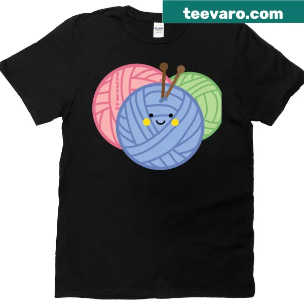 Cute t-shirt featuring illustrative yarn and knitting tools for crafters