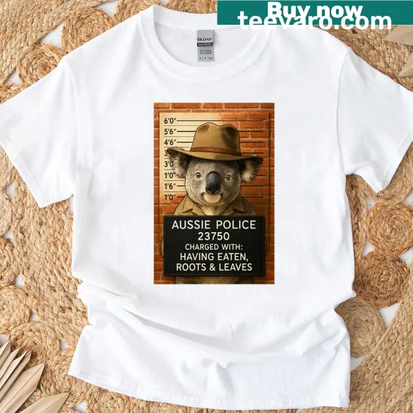 Funny t-shirt featuring a cartoon koala mugshot design