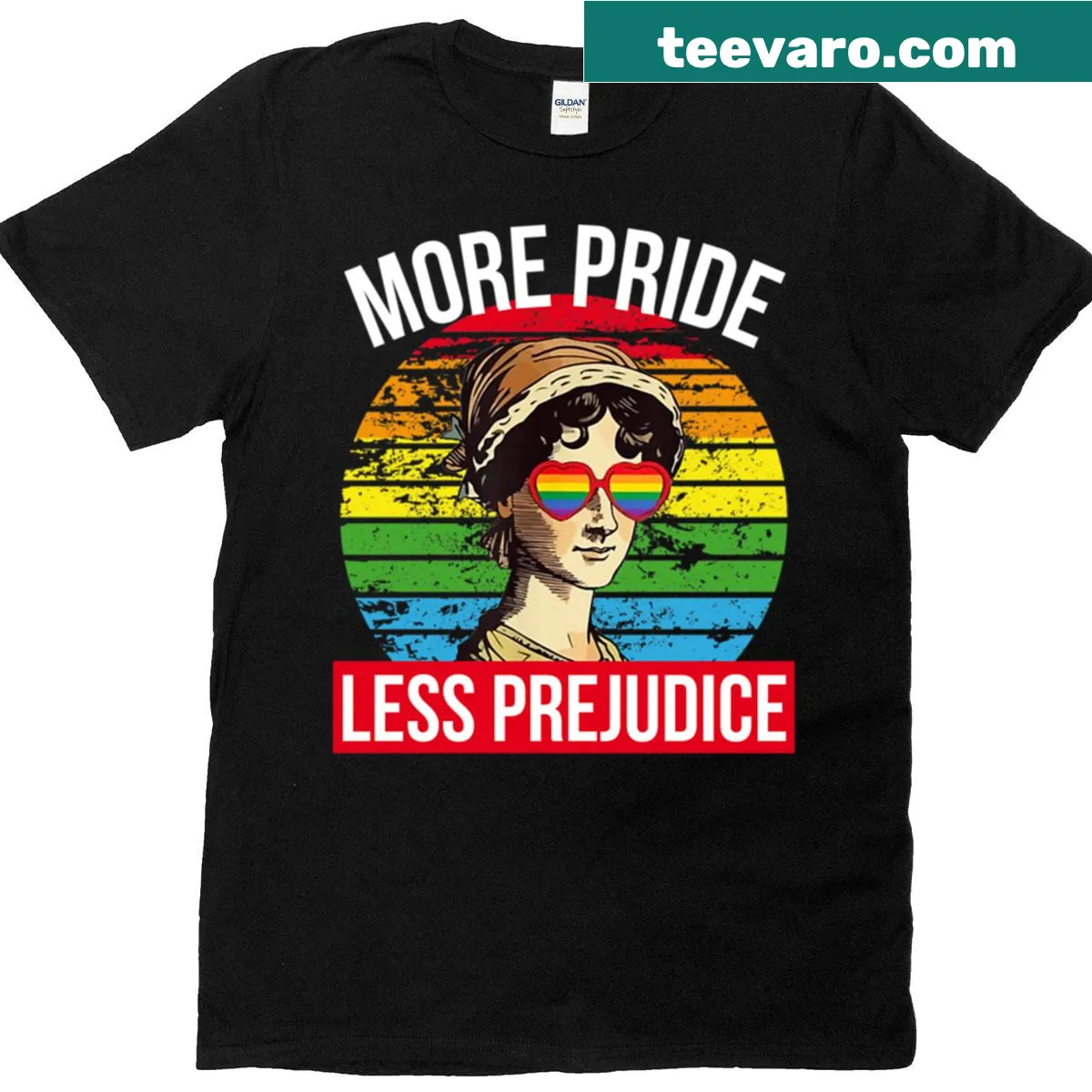 T-shirt with the message 'More Pride Less Prejudice' in bold typography — on a men's t-shirt