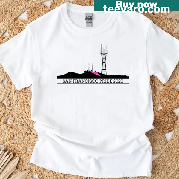Illustrated LGBTQ Pride 25th Anniversary t-shirt with pink triangle and Sutro Tower