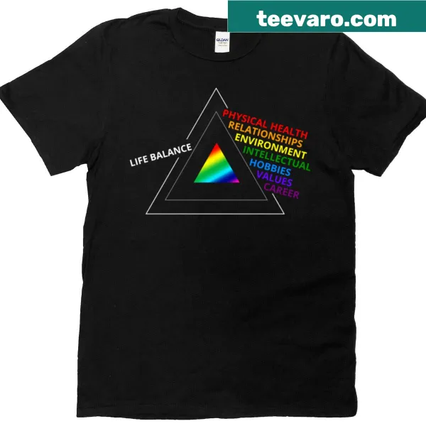 T-shirt featuring a prism design illustrating seven aspects of life balance