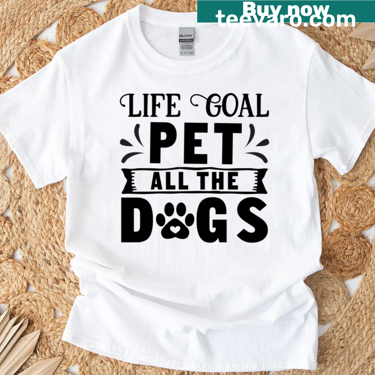 Playful t-shirt with the text 'Life Goal Pet All The Dogs' — on a men's t-shirt