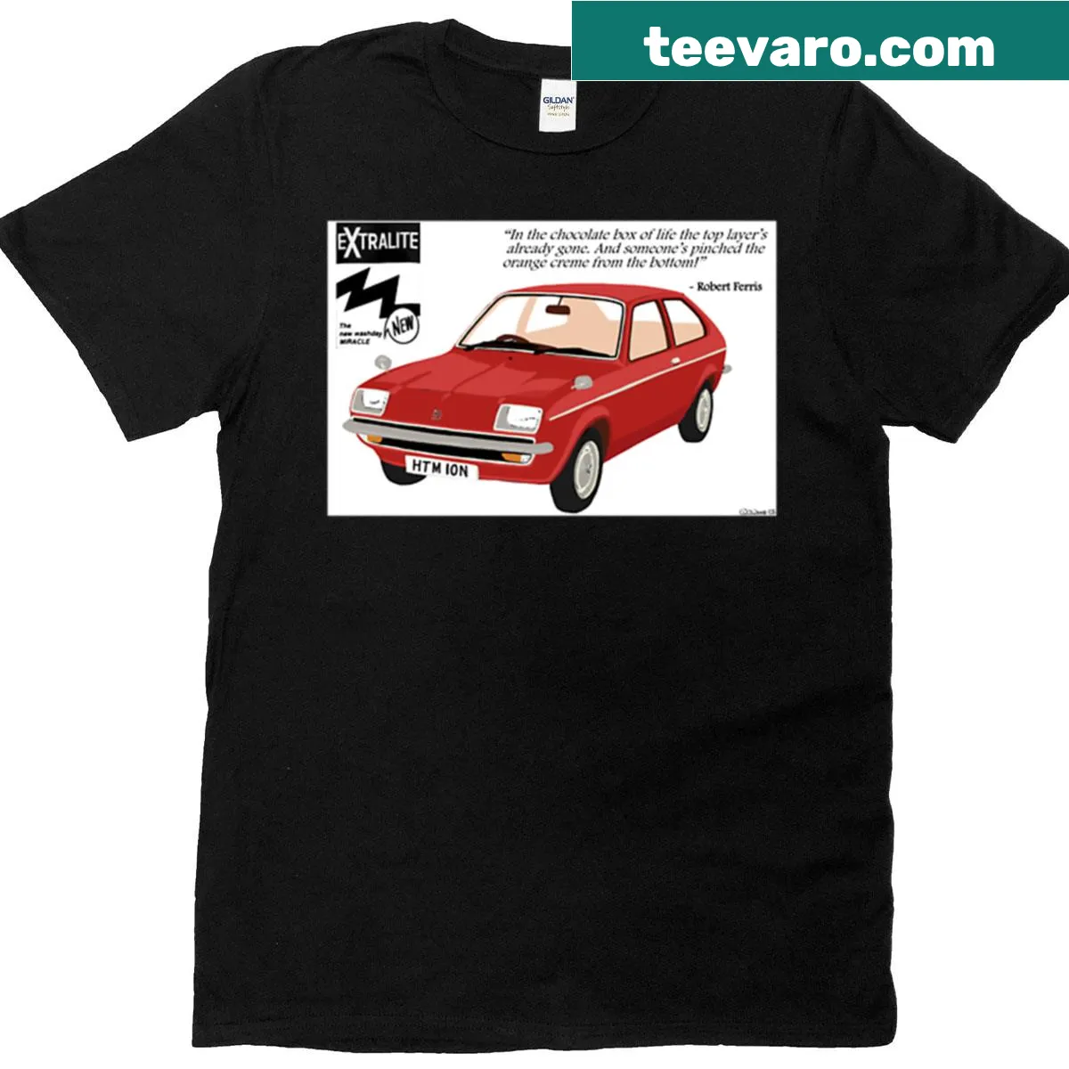 Vintage t-shirt featuring a graphic of a Chevette car — on a men's t-shirt