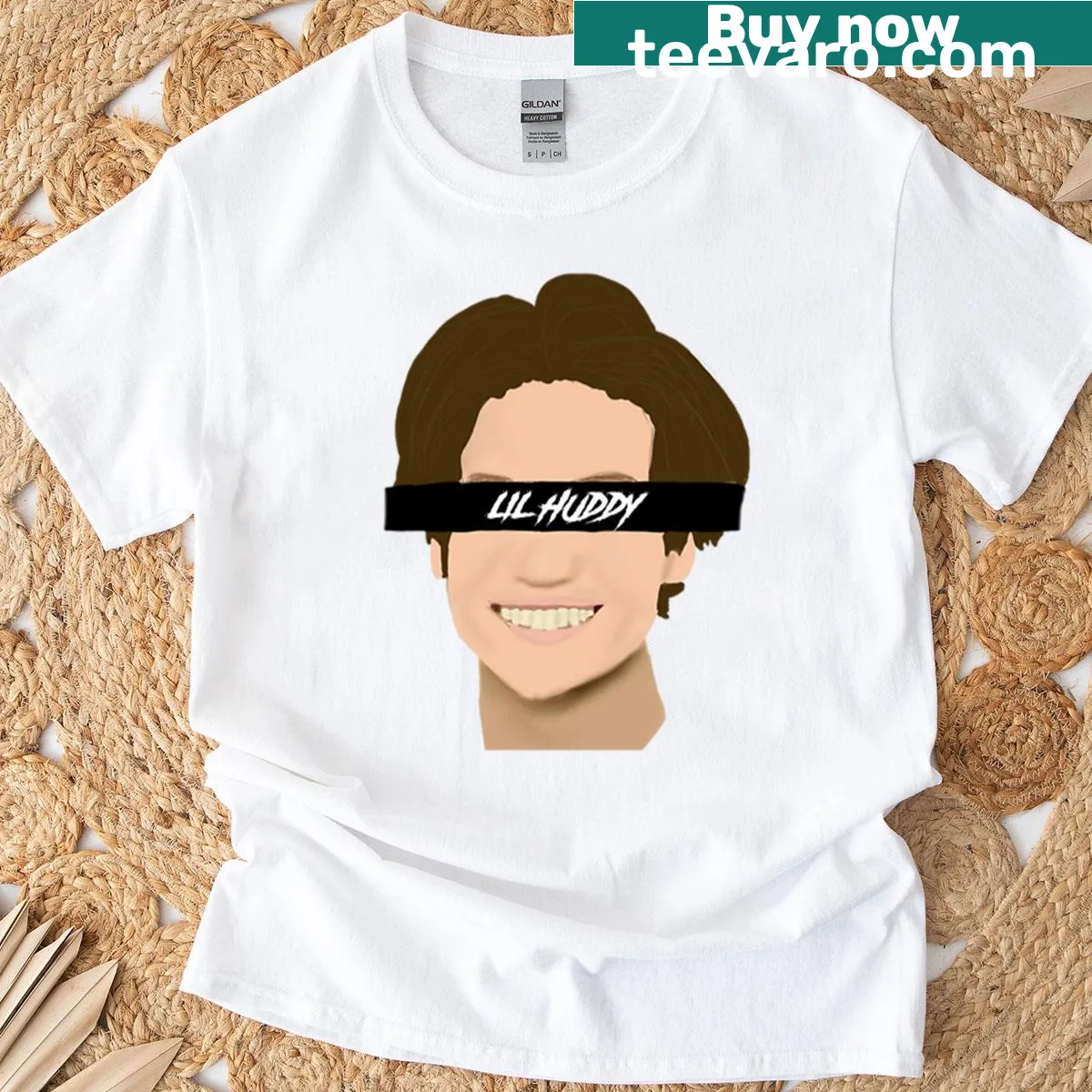 Anime-style T-shirt featuring a playful Lil Huddy graphic — on a men's t-shirt