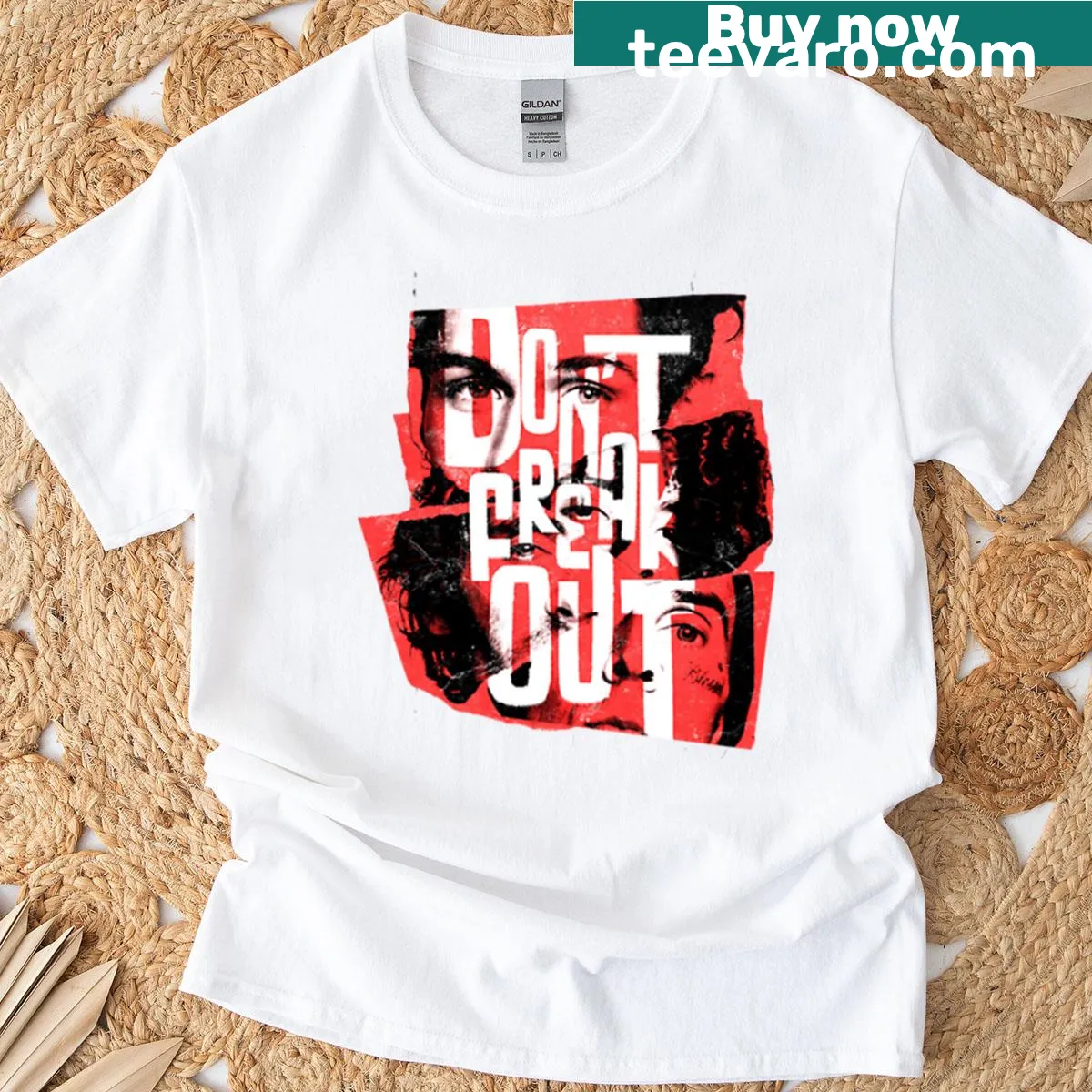 Bold typography of 'Don't Freak Out' on Lil Huddy t-shirt — on a men's t-shirt