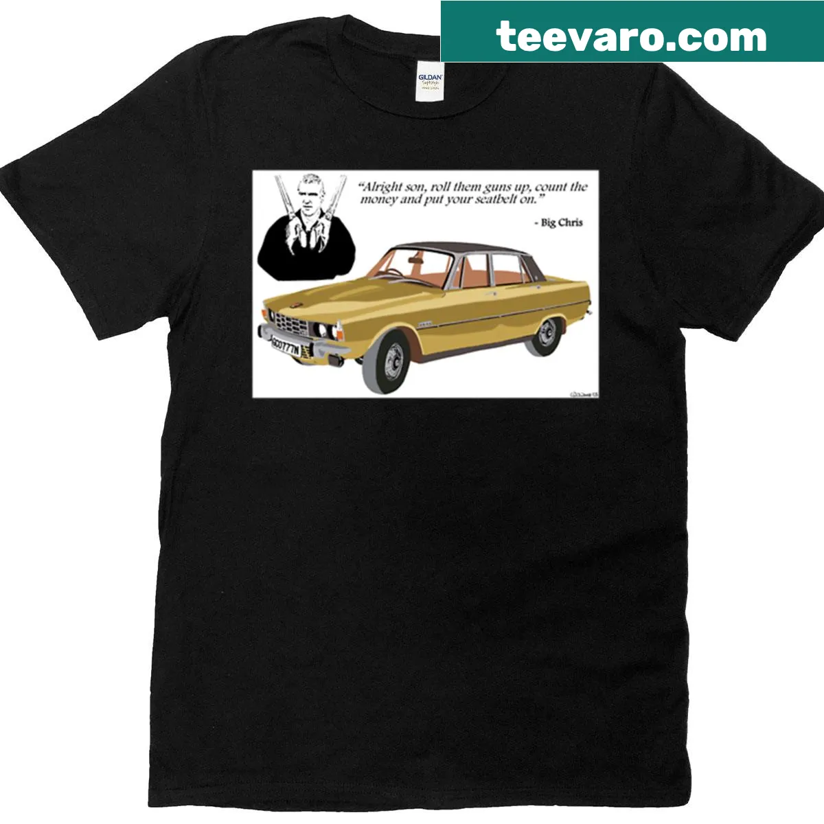 Illustrated graphic of a classic Rover P6 on a tee. — on a men's t-shirt