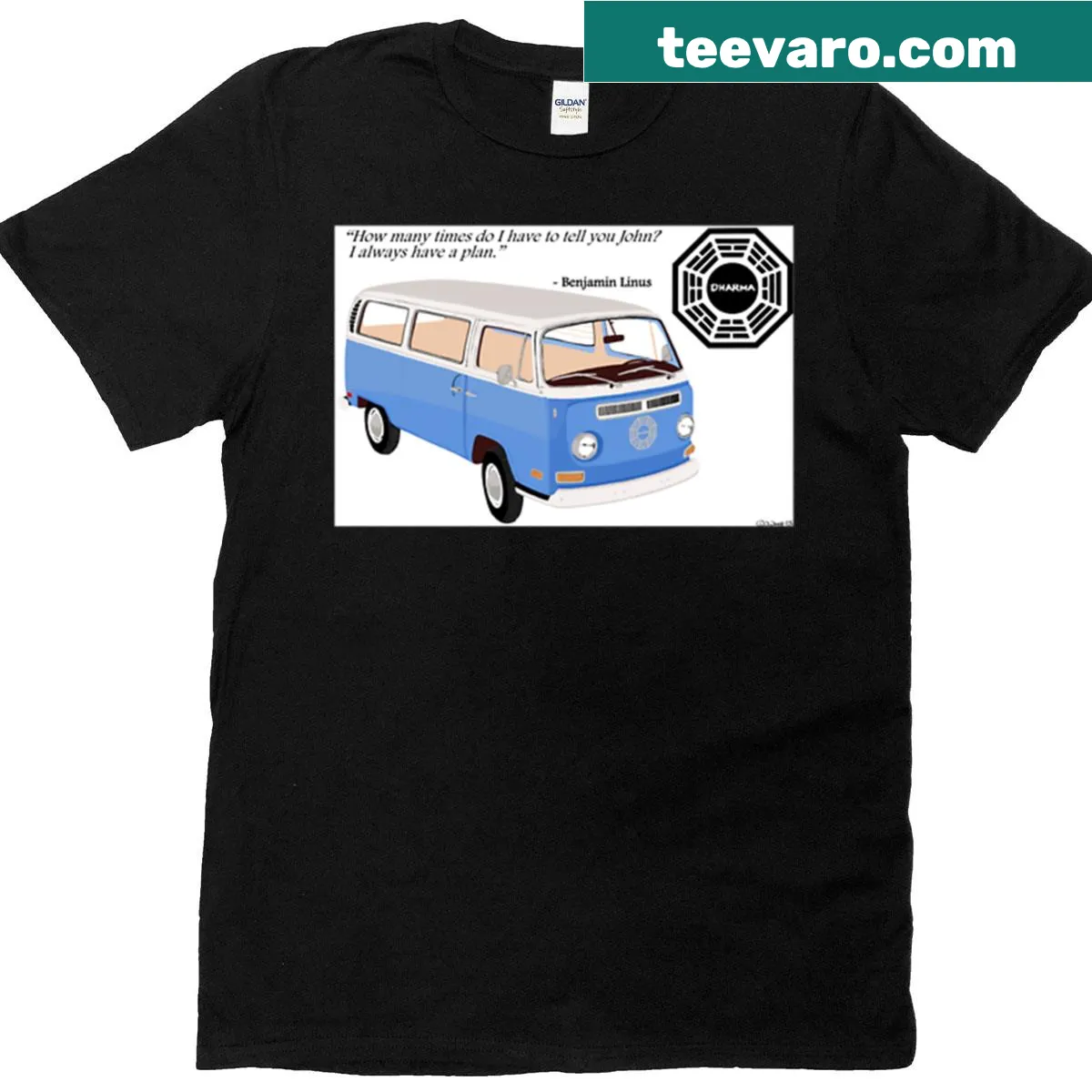 T-shirt with an illustrated design of the Lost Dharma Bus. — on a men's t-shirt