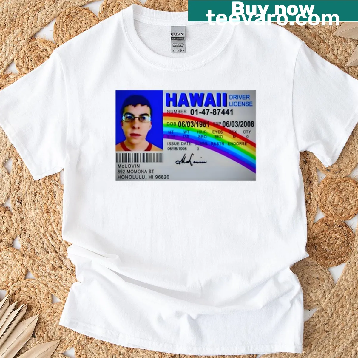 Oversized T-shirt with a playful graphic of McLovin from the film — on a men's t-shirt