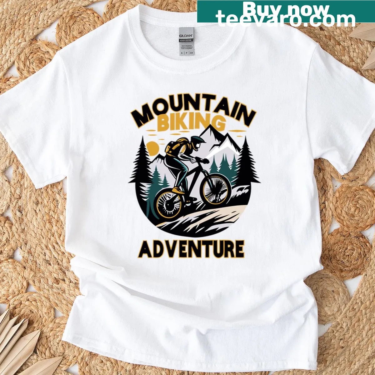 Mountain biking themed T-shirt — on a men's t-shirt
