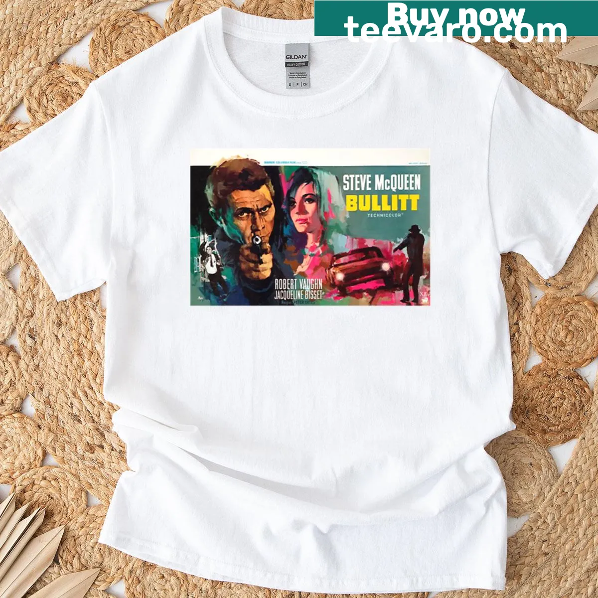 Illustrated T-shirt featuring the Bullitt car chase from 1960s film — on a men's t-shirt