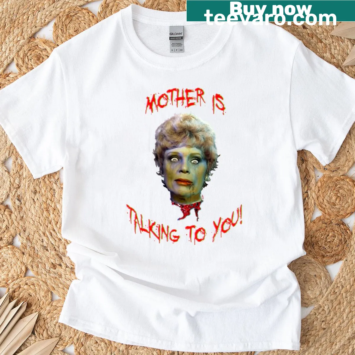 Graphic of Mrs. Voorhees with 'Mother Is Talking To You' text — on a men's t-shirt