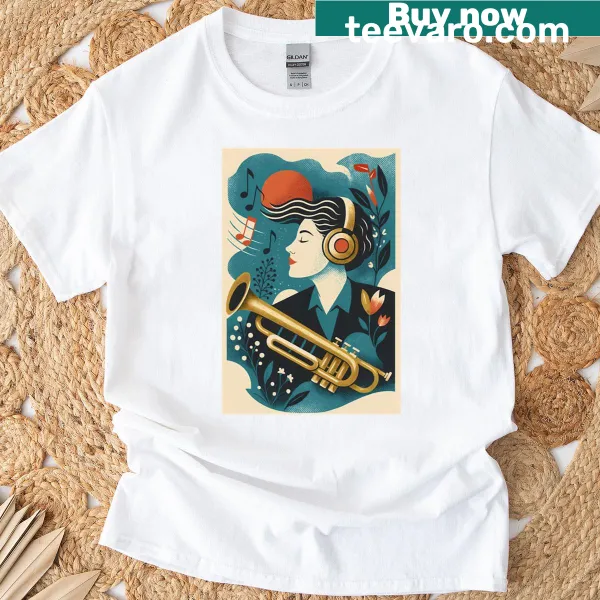 Artistic illustration reminiscent of vintage music posters on a t-shirt.