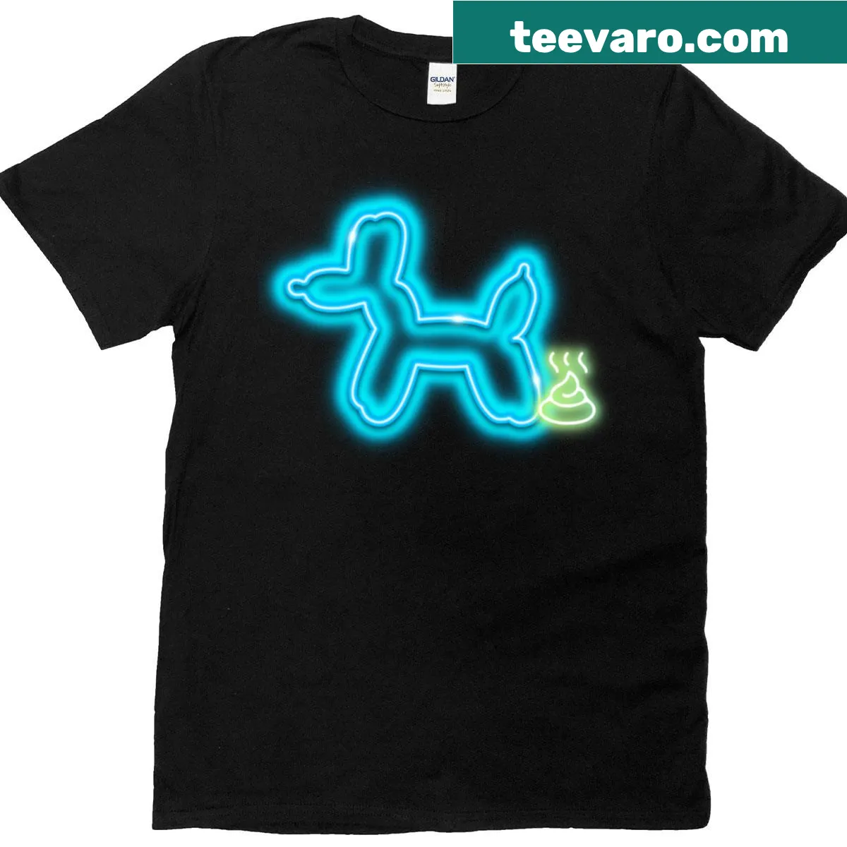 Playful neon balloon dog illustration on T-shirt — on a men's t-shirt