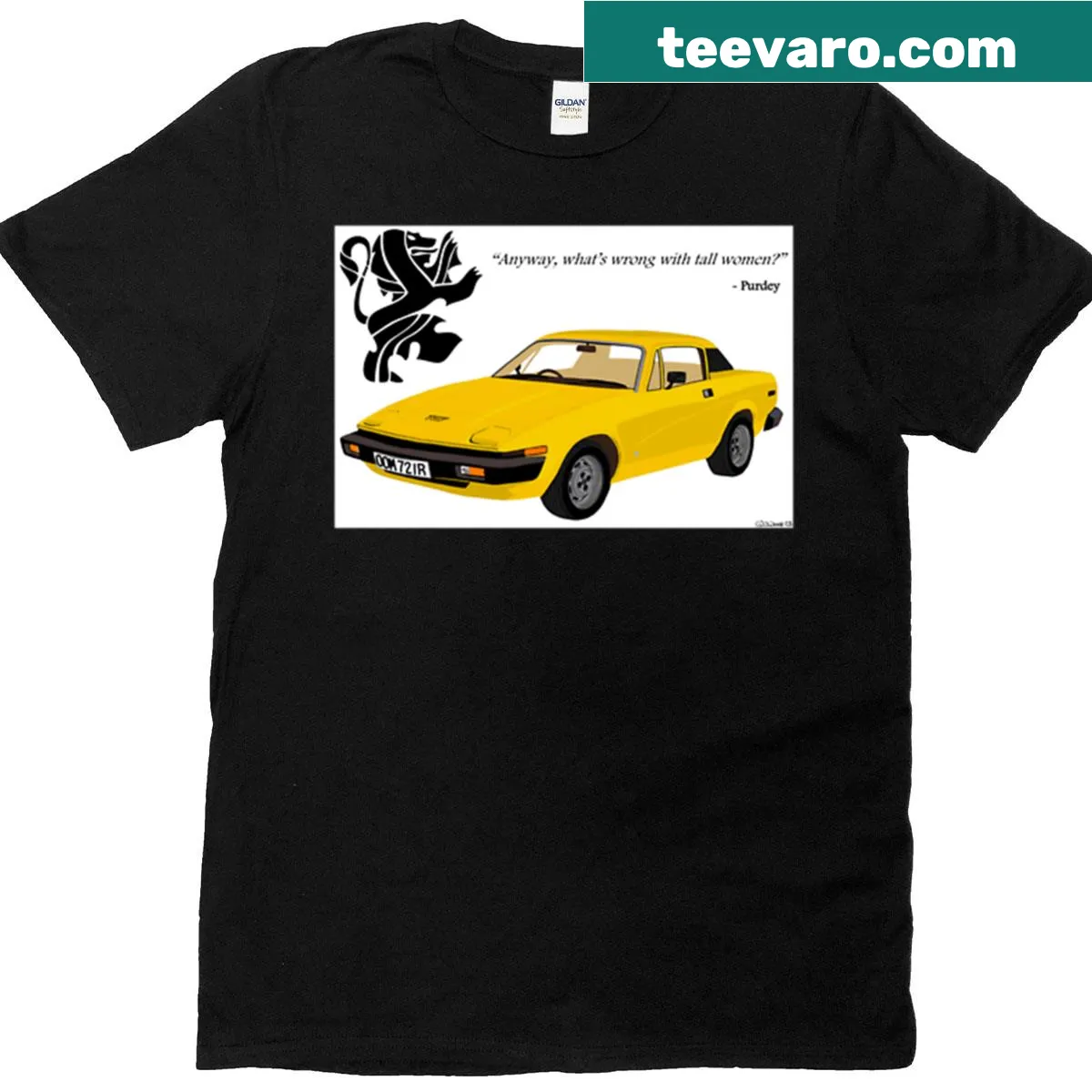 Illustrated Avengers Purdeys Triumph TR7 graphic t-shirt — on a men's t-shirt