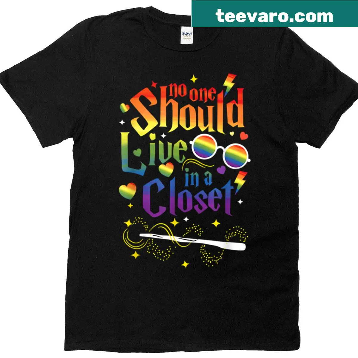 T-shirt with the phrase 'No One Should Live In A Closet' in bold text — on a men's t-shirt