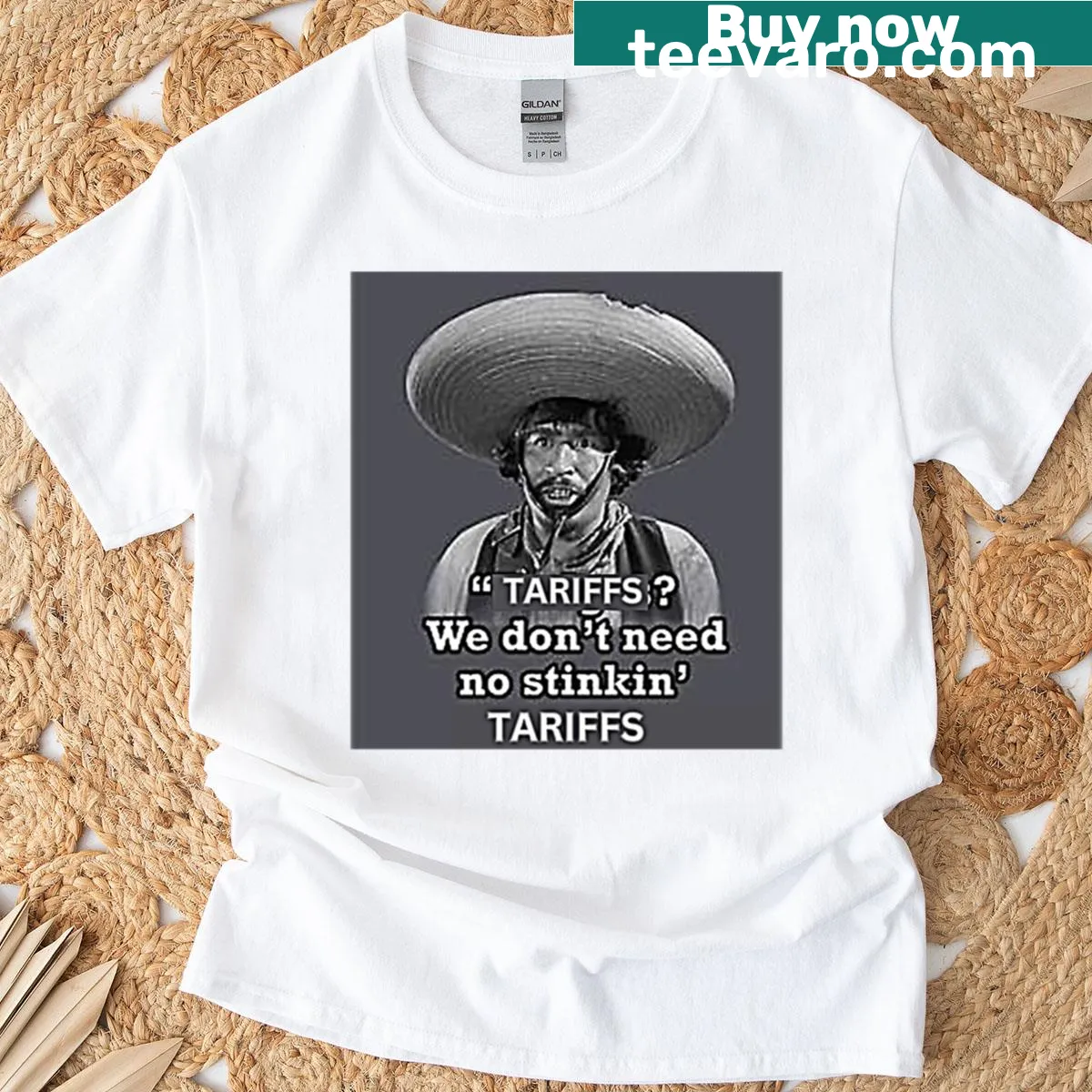 Humorous T-shirt with the phrase 'No Stinking Tariffs' — on a men's t-shirt