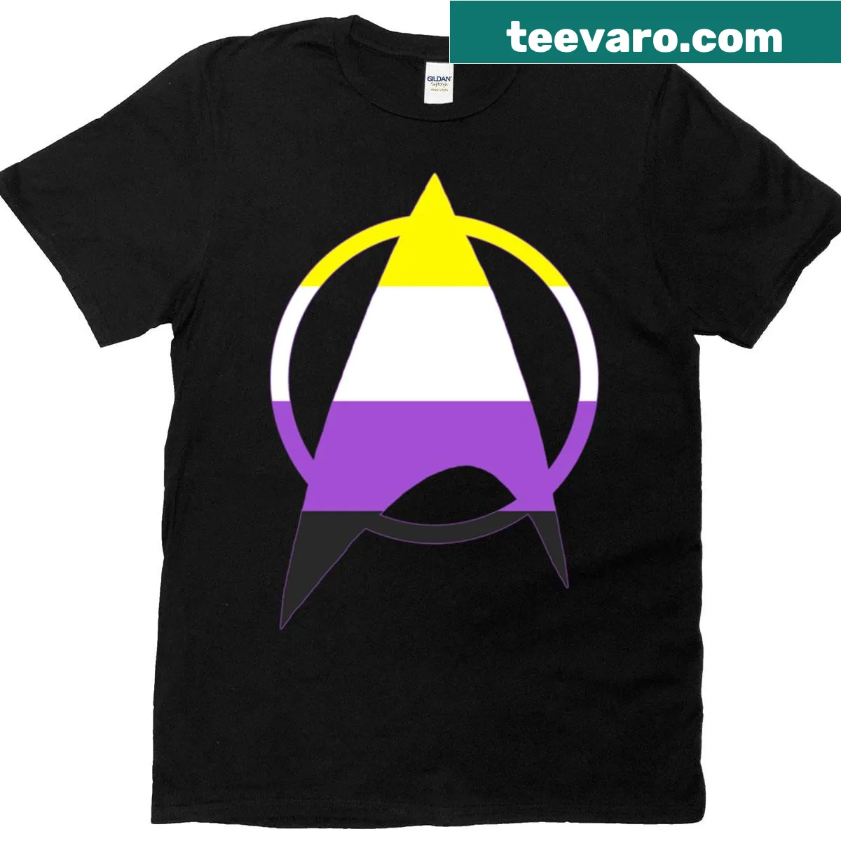 Oversized Starfleet-themed non-binary pride t-shirt — on a men's t-shirt