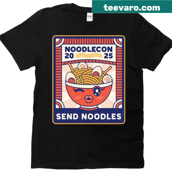 Playful noodle-themed graphic T-shirt for food lovers