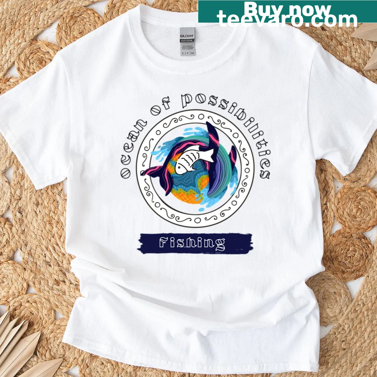 Fishing adventure shirt with serene ocean scene illustration — on a men's t-shirt