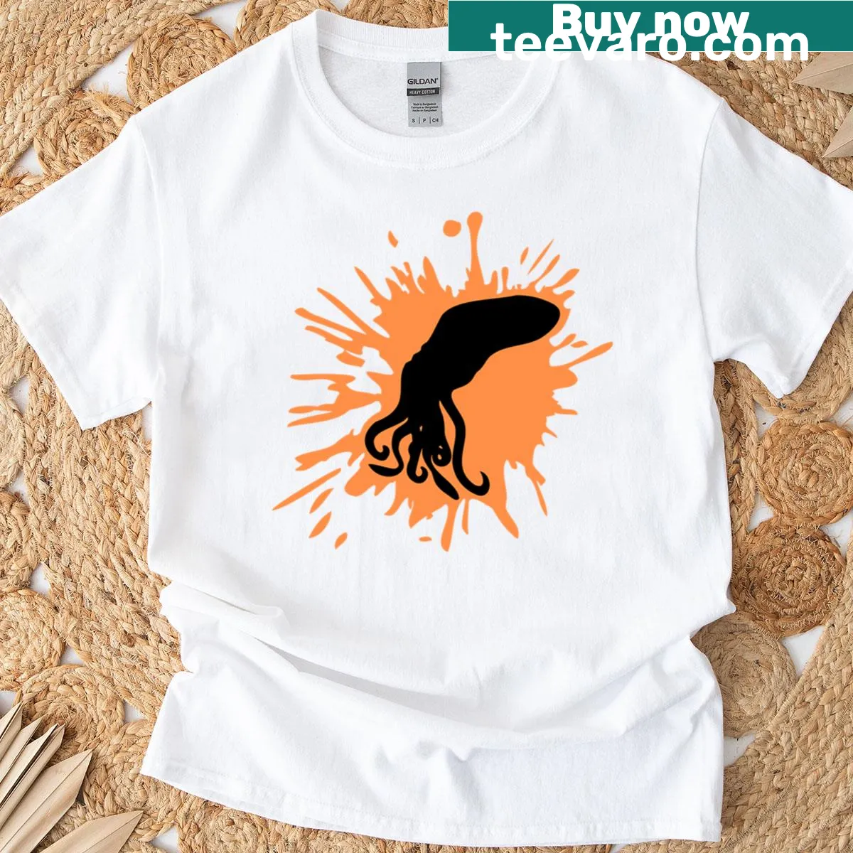 Edgy octopus ink stain shirt with graffiti design — on a men's t-shirt