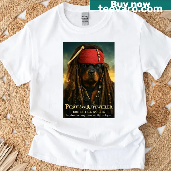 Illustration of a Rottweiler dressed as a pirate on a T-shirt